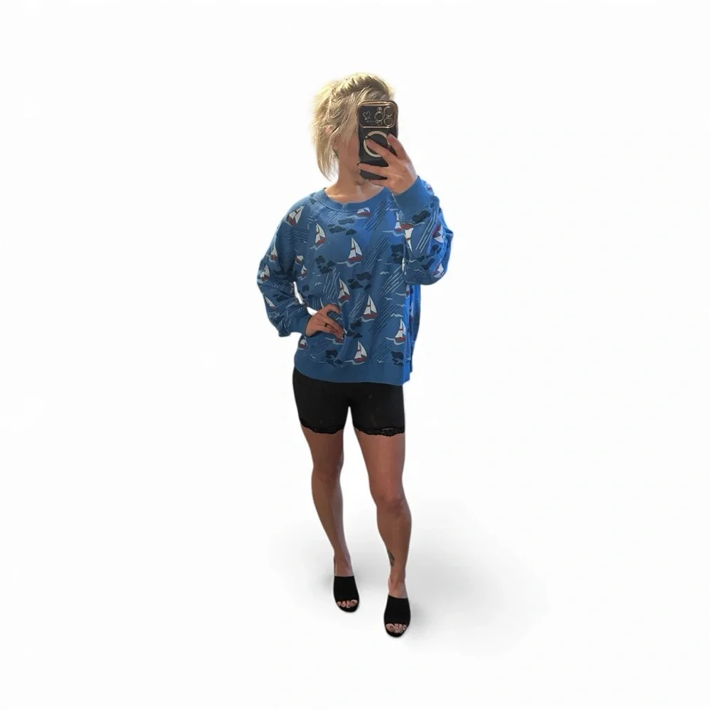 Wildfox Sky Blue Nautical Sailboat Print Slouchy Sweater Size Medium - Picture 6 of 6
